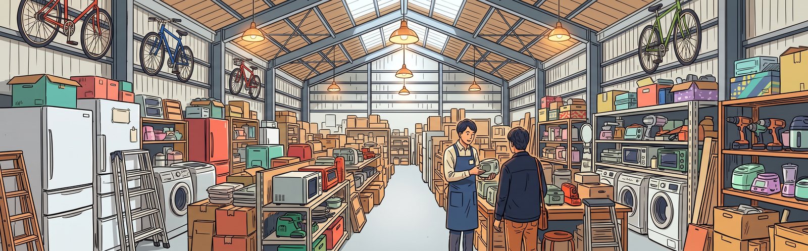 商品がぎっしり並んだ店内で、スタッフがお客様にお品物を見せながら話している様子のイラスト